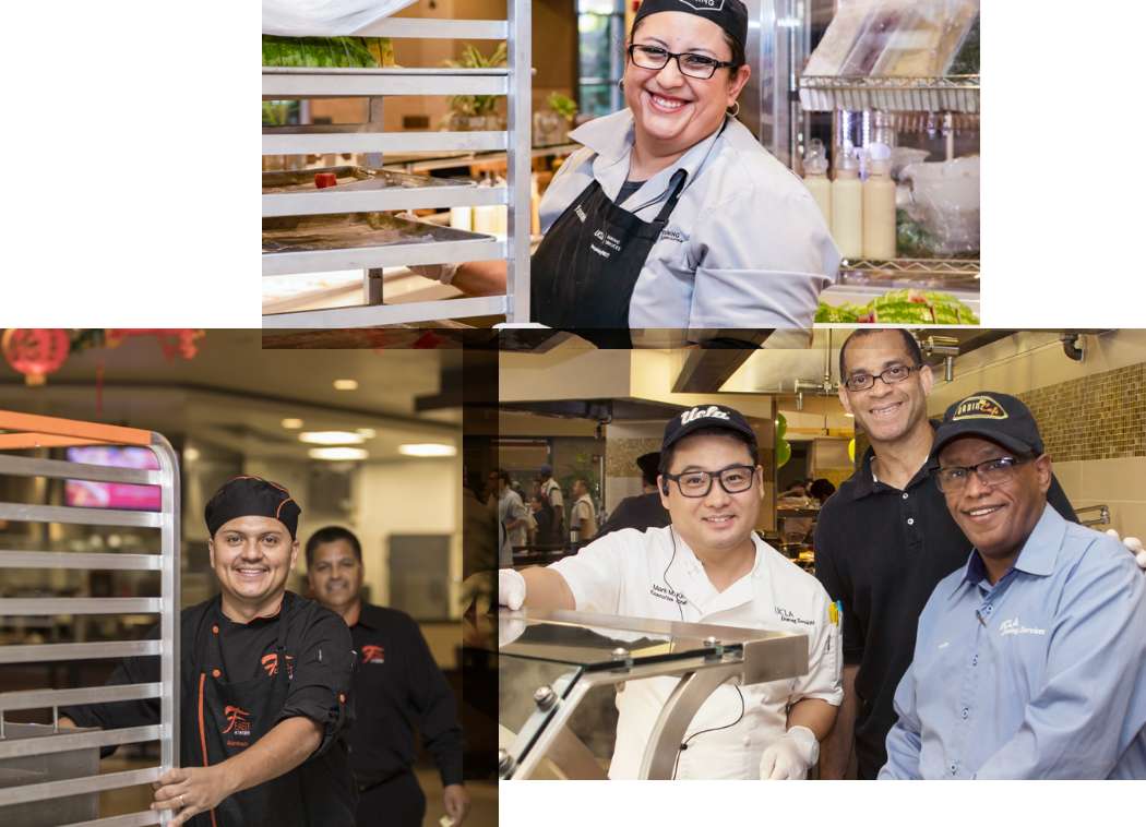 Collage of Images: Team members from UCLA Hospitality providing the best College food in the U.S.