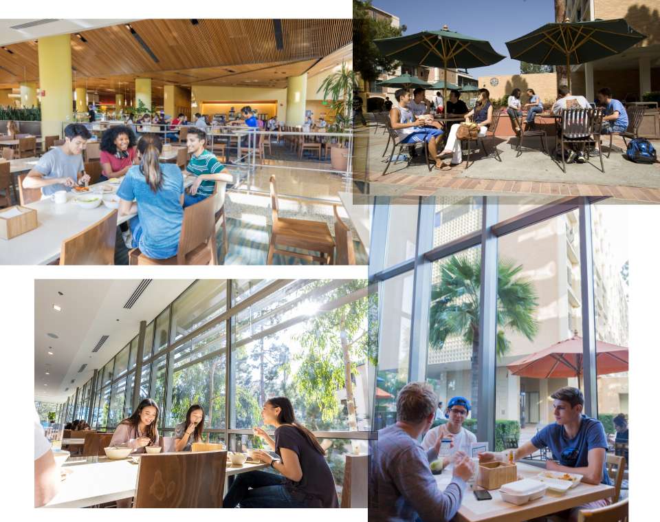 A collage of images: Students enjoying their meals in the clean modern eateries at UCLA