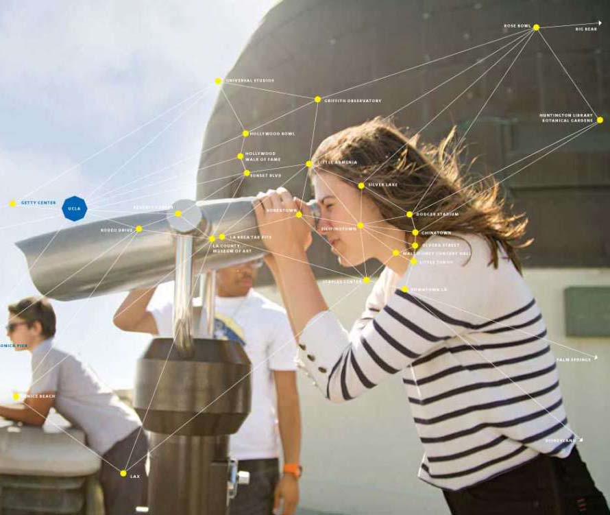 Female Student using a telescope at Griffith Observatory to look out over Los Angeles. A constellation of Los Angeles locations is superimposed on top of the image