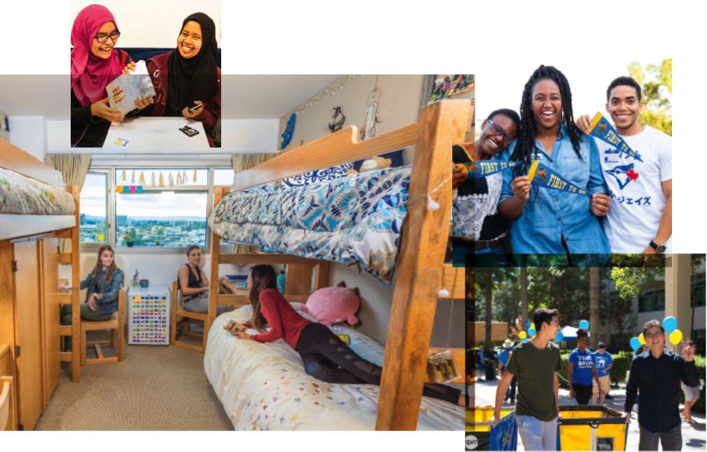 A collage of images showing diverse students enjoying their dorm rooms and roomates